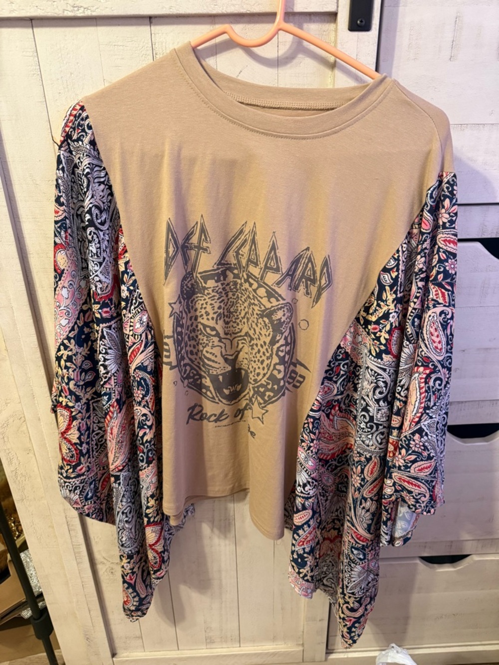 Graphic Leopard Tee with Paisley Kimono Sleeves